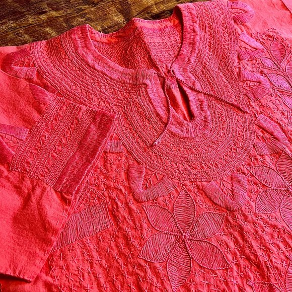 Handmade Tops - Handmade Pink Cotton Embroidered Blouse S/M